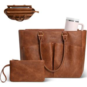Laptop Tote Bag for Women Leather Work Bags, Large Teacher Bag Capacity With Large Cup Holder for Women, Nurse (15.6inch, Brown)