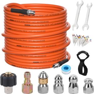 100FT Sewer Jetter Kit for Pressure Washer, 1/4''NPT Drain Cleaner Hose 5800PSI, Pressure Washer Cleaning Kit with Corner Rotating Button Sewer Jetting Nozzles, Quick Connect Set