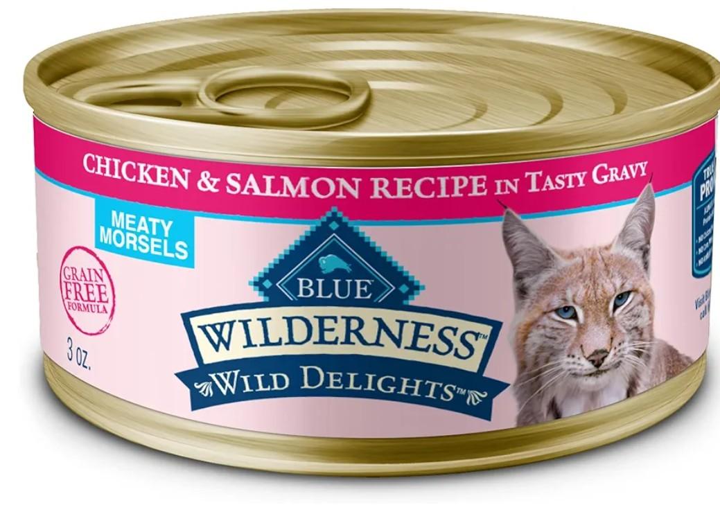 Blue Buffalo Wilderness Wild Delights High Protein Grain Free, Natural Adult Meaty Morsels Wet Cat Food, Chicken & Salmon 3-oz cans (Pack of 24)