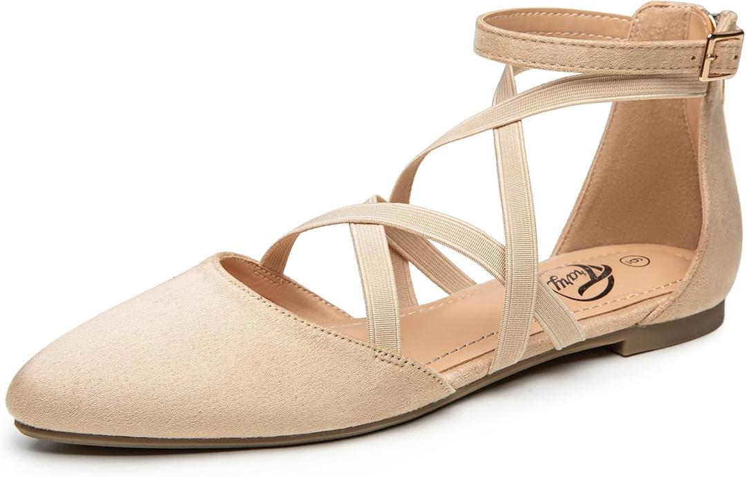 Trary Black Flats for Women, Mary Jane Shoes, Ballet Flats with Ankle Strap, Dressy Comfortable Pointed Toe Shoes (7.5, Nude)
