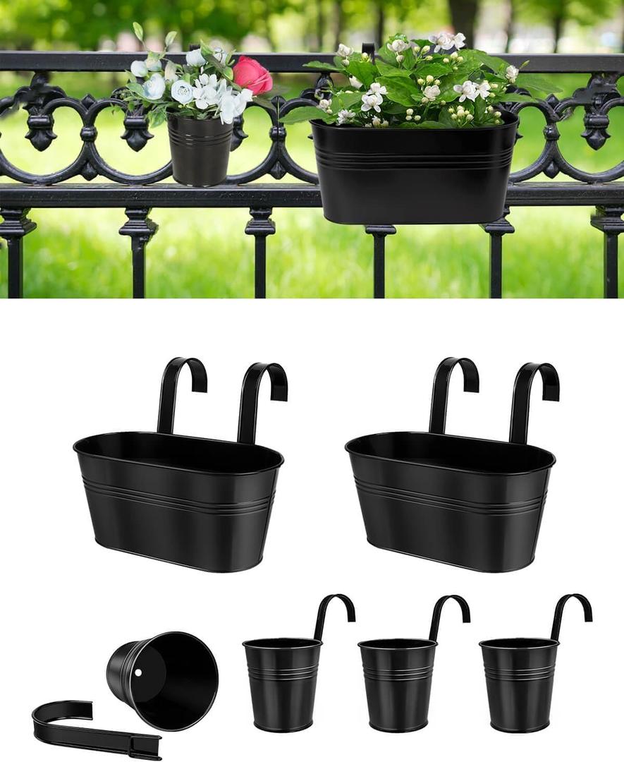 2 Pcs 10.8 Metal Railing Planter for Outdoor Plants  4 Pcs 3.9 Balcony Hanging Flower Pots with Detachable Hooks, Drainage Holes, Oval Bucket Rail Box Fence Planters for Home Garden Dcor, Black