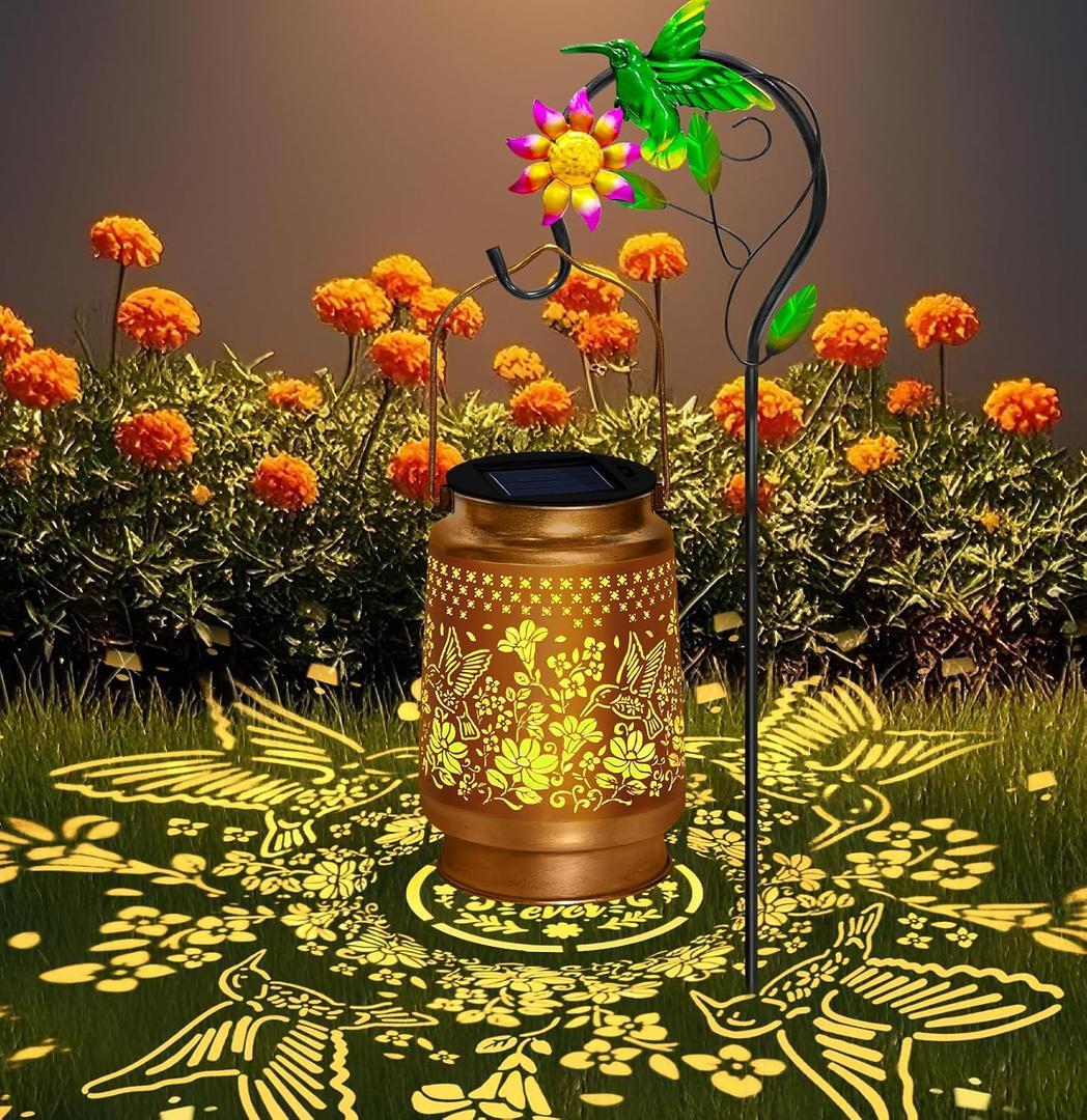 Solar Garden Lights Outdoor Decor, Hummingbird Lantern with Shepherd Hook | Waterproof Metal Hummingbird Solar Lantern, Hanging Garden Decor for Yard, Patio, Lawn, Landscape and Gifts for Mom