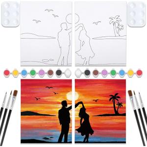 VOCHIC Sip and Paint Kit,Pre Drawn Canvas Couples Paint Party Kit Painting Art Set for Adults Date Night Sunset Beach 2 Pack (8 x 10 Inches, Dancing Couple)