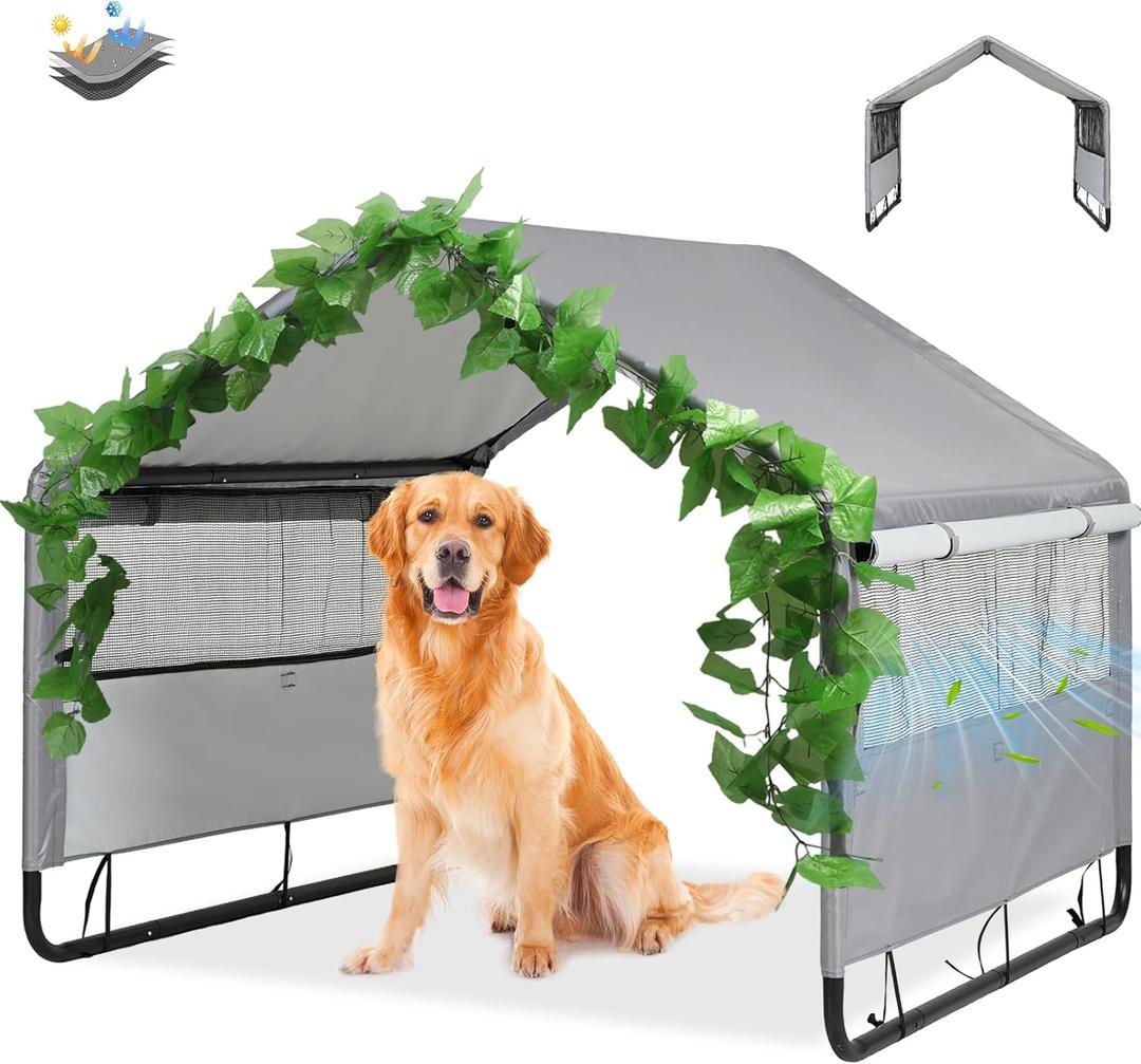 Large Dog House Shade Shelter Outdoor Tent for Large Medium Dogs, Outside Sun Rain Canopy Pet House for Homeless Cats Pigs Livestock with Rainproof Cover with Artificial Grapevine Leaves
