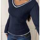 Milumia Women's Cable Knit V Neck Long Sleeve Sweater Casual Fitted Going Out Pullover Tee Tops Streetwear Dark Blue Large (Black, L)