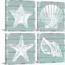 AoArtWZ 4 Piece Ocean Theme Canvas Wall Art Coastal Shell Starfish Coral Conch Picture for Bathroom