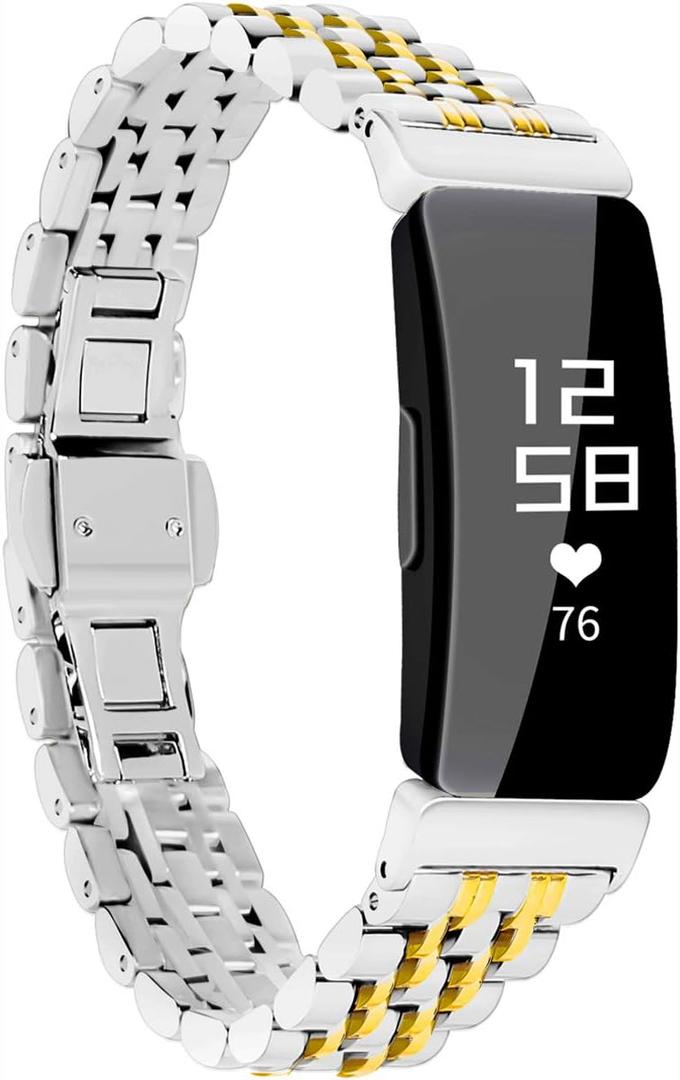 Chofit Metal Bracelet Compatible with Fitbit Inspire/Inspire HR/Inspire 2 Bands, Stainless Steel Replacement Strap Wristband Accessories for Inspire Tracker for Women (Silver-Gold)
