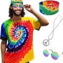 Hippie Costume for Men Women 60s and 70s colorful T-shirt sunglasses headband Peace Necklace 4-Piece Theme Party (Large)