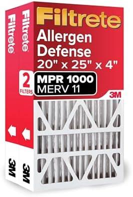 Filtrete 20x25x4 AC Furnace Air Filter, MPR 1000, MERV 11, Fits Honeywell & AprilAire Space-Gard, Allergen Defense, Electrostatic Air Cleaning Filter, 2-Pack (actual size 19.88 x 24.63 x 4.31)