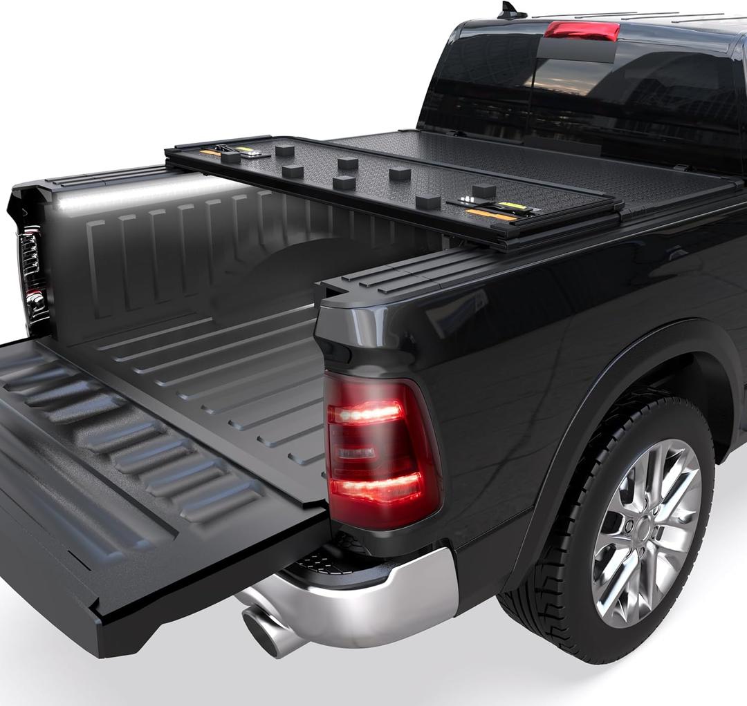 KUIPERAUTO Tri Hard Truck Bed Tonneau Cover Compatible with 2002-2026 Dodge Ram 1500 Classic & New Body/2003-2024 Ram 2500 3500 (w/o Ram Box)-6.5 FT Aluminum (Utility Track System w/LED Light Strip)