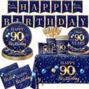 90th Birthday Decoration Men-142pcs Navy Blue and Gold Birthday Tableware Set(Serve for 20) Include Happy 90th Birthday Banner Plates Cups Napkins Tablecloth for Men 90th Birthday Party Supplies (90)