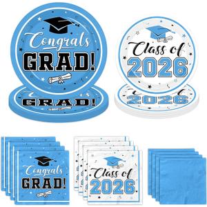 Light Blue Graduation Plates and Napkins Class of 2026 Grad Congrats Party Supplies Disposable Dessert Paper Plates Cocktail Napkins for Sky Blue Graduation Party Decorations,Serve 50