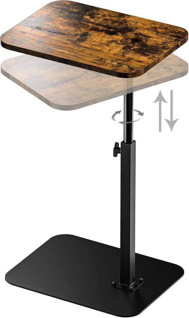 Side Table Sofa Tray for Couch Heavy Metal Base Swivel/Adjustable Height, Sofa Bed Bathroom Study TV Tray C Shaped End Table Food Snack Trays for Eating (Brown)