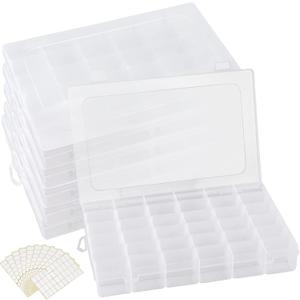 6 Pack 36 Grids Plastic Organizer Box with Adjusatble Dividers and 600 PCS Label Stickers, Clear Bead Storage Container for Crafts Jewelry Fishing Tackles