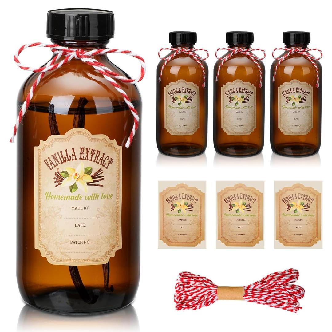 Suclain 3 Pcs 8 oz Vanilla Extract Bottles Amber Boston Round Glass Boston Bottles for Vanilla Extract Homemade and Vanilla Extract Sticker for Syrup Gift Food Storage Canister Set for Sauce Beans