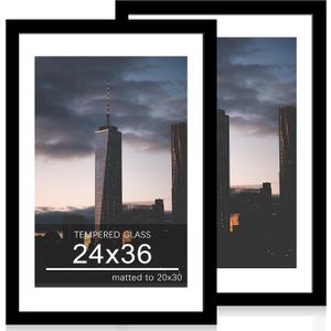 24x36 Poster Frame Set of 2, 24 x 36 Wood Picture Frames with Mat for 20x30, Wooden Photo Frame with Tempered Glass Cover for Wall Mounting Display, Black, 24x36-2Pack