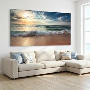 HUADAOART Ocean Beach Sunset Canvas Wall Art Coastal Seascape with Waves, Large Panoramic Print 30 x 58 in Artwork for Living Room Bedroom Office Decor Ready To Hang 1PCS, 41