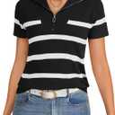 Vrtige Women's Quarter Zip Ribbed Knit Stripe Short Sleeve Sweater (S)