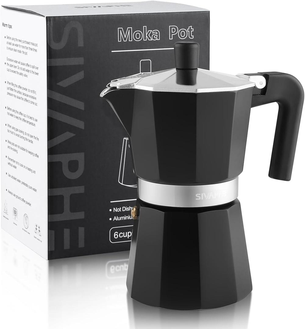 Sivaphe Aluminum Moka Pot 6 Espresso Cups, Percolator Espresso and Coffee Maker, Portable Stovetop Italian and Cuban Caf Brewer for Home and Camping Black