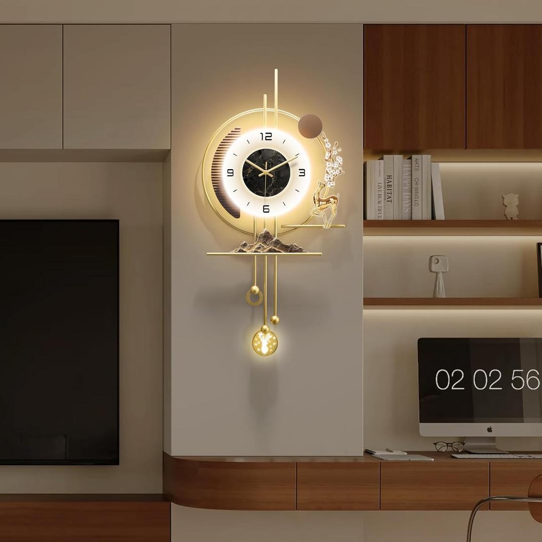 Modern Wall Clock for Living Room,Large Gold Decorative Wall Clock with light,Creative Silent Clock Battery Operated for Kitchen/Entryway/Bedroom/Office/Dinning Room Metal Wall Decor (15.7"Wx31.5L)