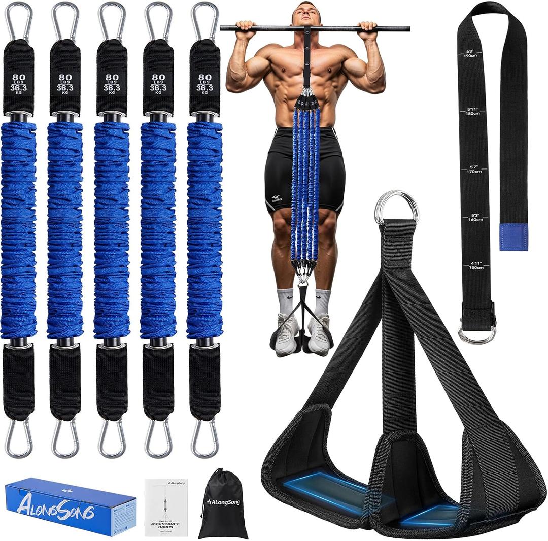 ALongSong Pull Up Assistance Bands with Foot Support Pedal - Upgraded Heavy Duty Resistance Bands Adjustable Weight/Height with 80Lbs Bands&Measured Strap for Strength Training Home Gym