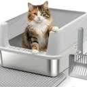 Stainless Steel Cat Litter Box with Lid, Metal Litter Box for Small Cats, Low Entry Kitten Litter Boxes with Scoop and Mat, Non-Sticky, Anti-Urine Leakage, Easy Cleaning, M