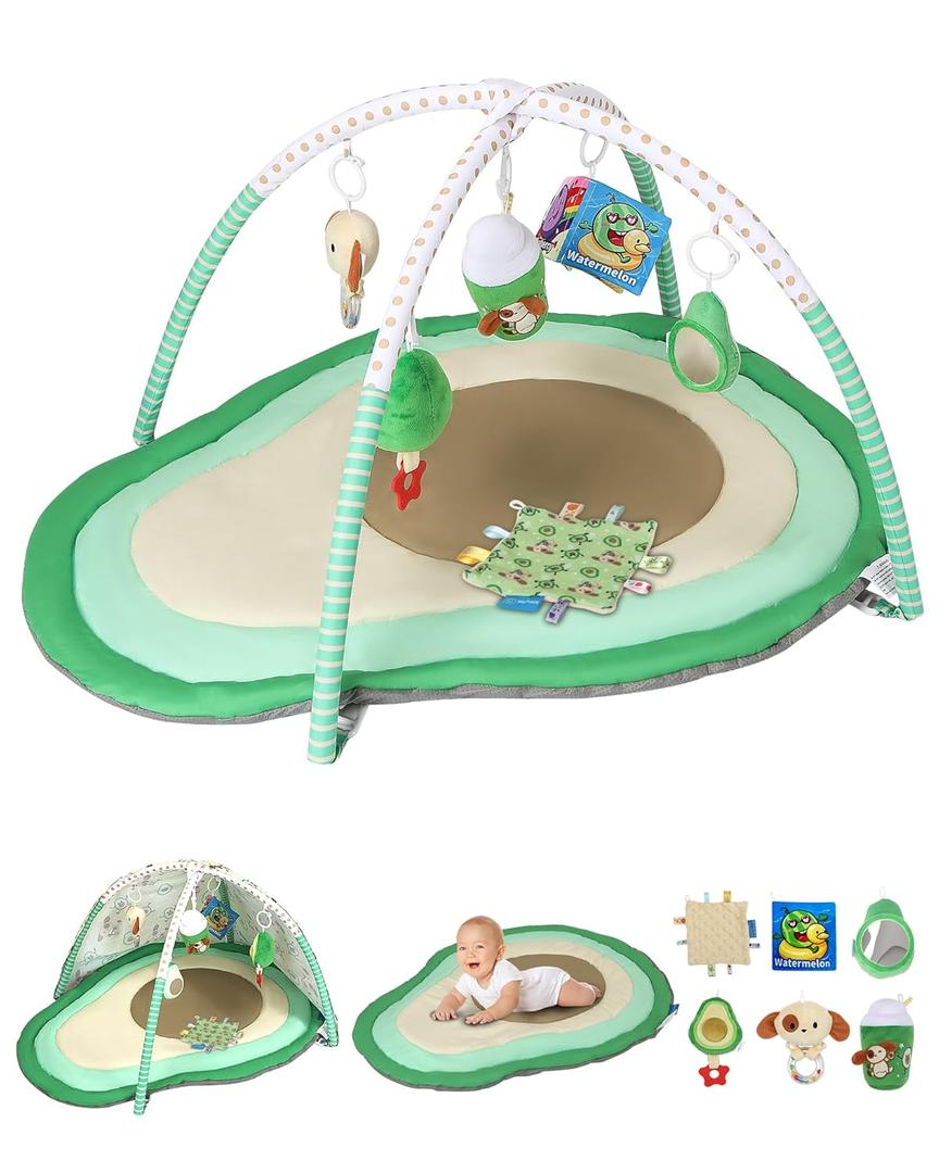 Tummy Time Mat, 9-in-1 Avocado Baby Play Gym Mat, Oversize Baby Play Activity Mats with Sunshade & 6 Detachable Sensory Toys, Washable Non-Slip Mat for Newborn Infant Baby Essentials Gift