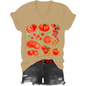 Tomato Tshirt Fruit Tee Shirts Womens Tomato Season V-Neck Shirt Graphic Tees for Women Casual Short Sleeve Tops (M)