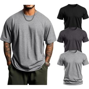 Huukeay 3 Pack Men's Big & Tall Short Sleeve Shirts, Cotton Plus Size Crew Neck Tees Basic Moisture Wicking Summer Solid Tops (4X-Large, Black, Dark Mix Gray, Light Mix Gray)