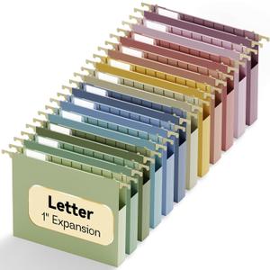 Plastic Hanging File Folders Letter Size,12 Pack Reinforced Filing Cabinet Folders with Tabs,1" Expansion Hanging File Organizer for Home Office,Macaron Heavy Duty Folders for File Frame Box