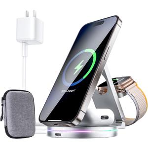 3 in 1 Wireless Charging Station for Apple Charger, 15W Fast Mag-Safe Qi-Certified Magnetic Portable Charger Stand for iPhone 1615141312 Apple Watch AirPods 3/2 Pro, Adjustable Angle (Silver, Qi)