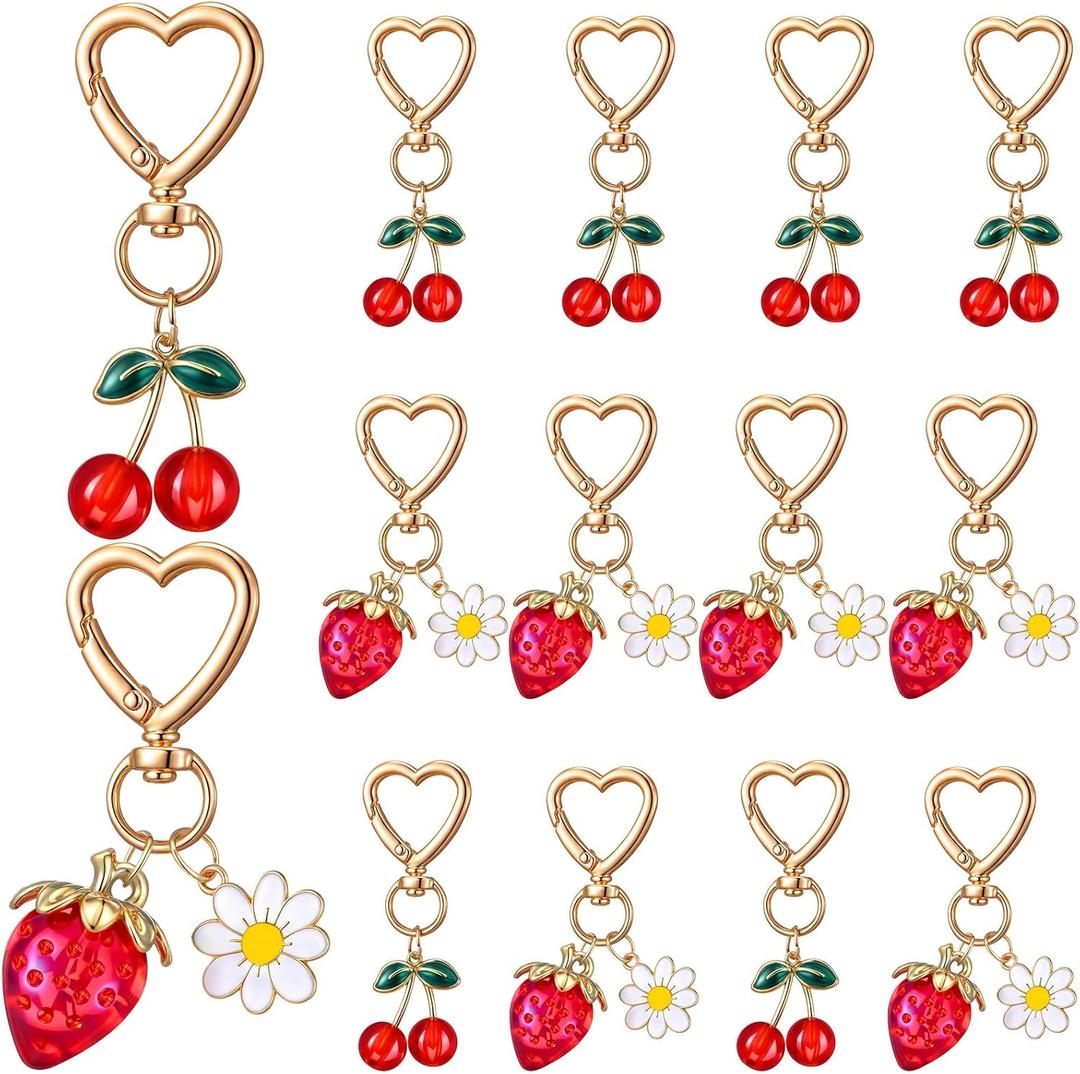Nosiny 12 Pcs Cute Cherry Strawberry Bag Charms Keychains Kawaii Heart Flower Daisy Keychains Decor for Women Purse bags Car