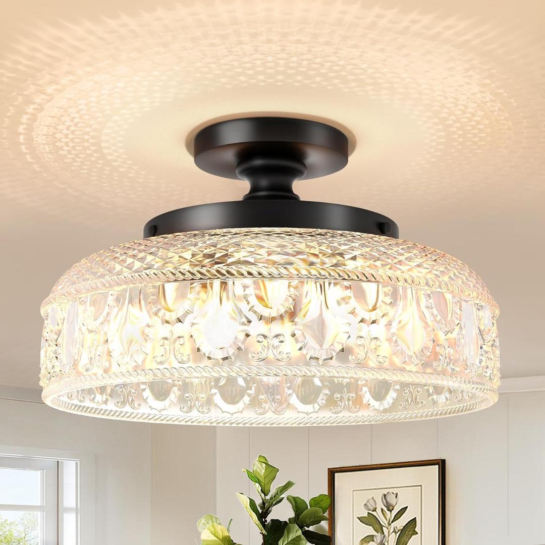Lamomo Semi Flush Mount Ceiling Light, Upgraded Larger 12 Inch Black Hallway Light Fixture, 3 Light Globe Glass Close to Ceiling Light, Indoor Hanging Light for Bedroom Kitchen Porch Hallway