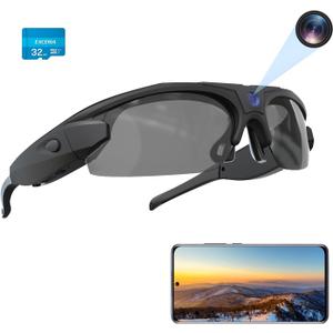 WiFi Camera Sunglasses, 4K Video Glasses HD 1080P with Polarized UV 400 Lens for Cycling, Camping, Driving,Traveling(Include 32GB Card)