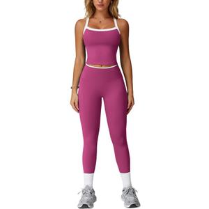 QBGJTD Womens Workout Sets Two Piece Cross Back Tank Top Matching High Waist Leggings Sets Gym Outfits Work Out Clothes (Medium, Colorblock Rose Red)