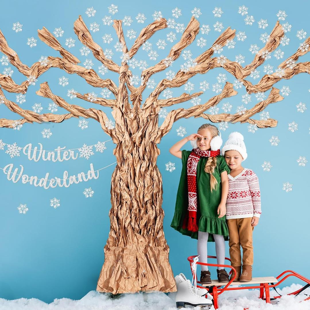 Winter Classroom Tree Bulletin Board Set DIY 3D Kraft Craft Cardboard Tree with Simulated Snowflake Christmas Banner Wall Decor for Winter Rustic School Elementary Teacher Chalkboard