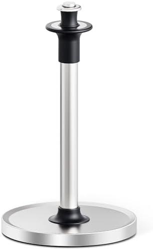 VEHHE Paper Towel Holder Countertop with Unique Damping Spring Structure for One-Handed Tearing, Stainless Steel Paper Towel Holder with Weighted Base and Suction Cups for Kitchen Bathroom, Silver