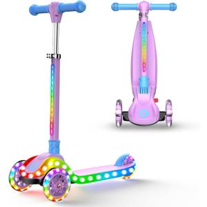 2-in-1 Adjustable Kick Scooter for Kids 3-5 (Suitable 3-12 Years),5-Level Handlebar & Removable Seat, LED Light-Up Wheels, Wide Deck, Foldable Design for Indoor/Outdoor Use - Girls & Boys
