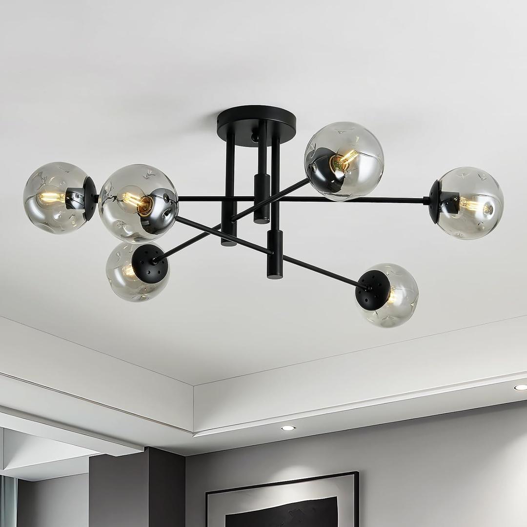 6-Light Glass Globe Sputnik Light Fixture Modern Matte Black Chandelier Semi Flush Mount Ceiling lamp for Living Room Kitchen Dining Room Farmhouse Bedroom