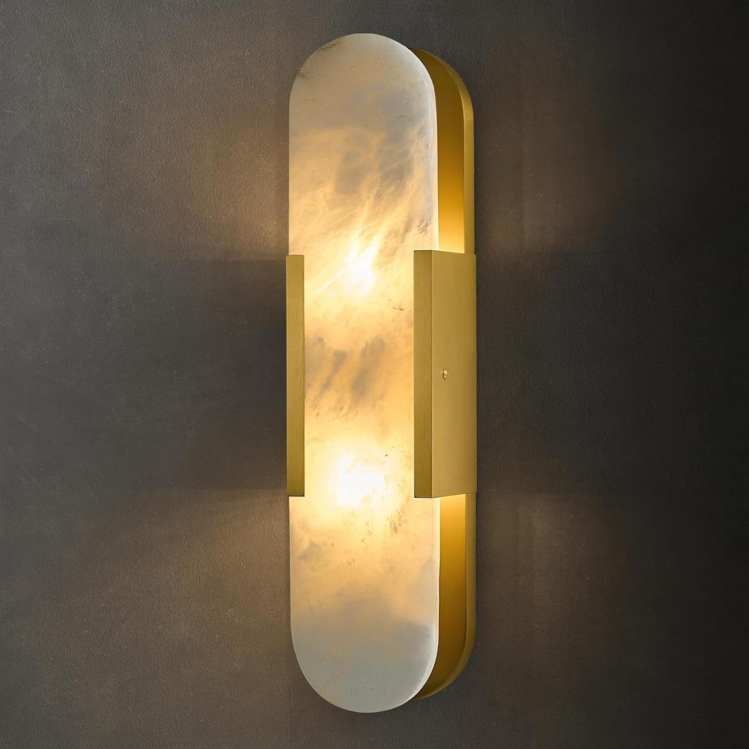 Alabaster Brass Oval Wall Sconce - Natural Spanish Stone Indoor Lighting Fixture - Luxury Modern Gold Dimmable Sconces with Bulb - Elongated Brushed Vanity Light for Bathroom Bedroom Living Room Decor, 1 Pack