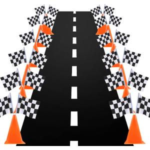 7inch Orange Racing Traffic Cones With Holes on Top,Checkered Flags,Racetrack Floor Runner,Race Car Birthday Party Decorations,Table Centerpiece Supplies 38PCS Set