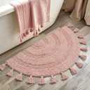 Half Circle Boho Rug with Tassels for Bedroom Extra Soft Cotton Blush Pink Bath Rugs Beautiful Handcrafted Crochet Boho Bathroom Rugs Non-Slip Absorbent Washable Cute Bath Mat for Bathroom Home Decor (1'10" x 3'1" (Semicircular))