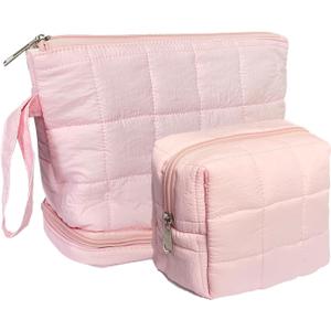 2 x Pink Puffy Puffer Makeup Bag for Purse Small Makeup Pouch Quilted Cosmetic Bag Cute Cotton Toiletry Pouch Bag for Women