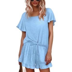 Ekouaer Womens Pajama Sets Shorts Ruffle Pajamas Set Soft Summer Pj Set 2 Piece Loungewear Short Sets (Medium, Clear Blue)