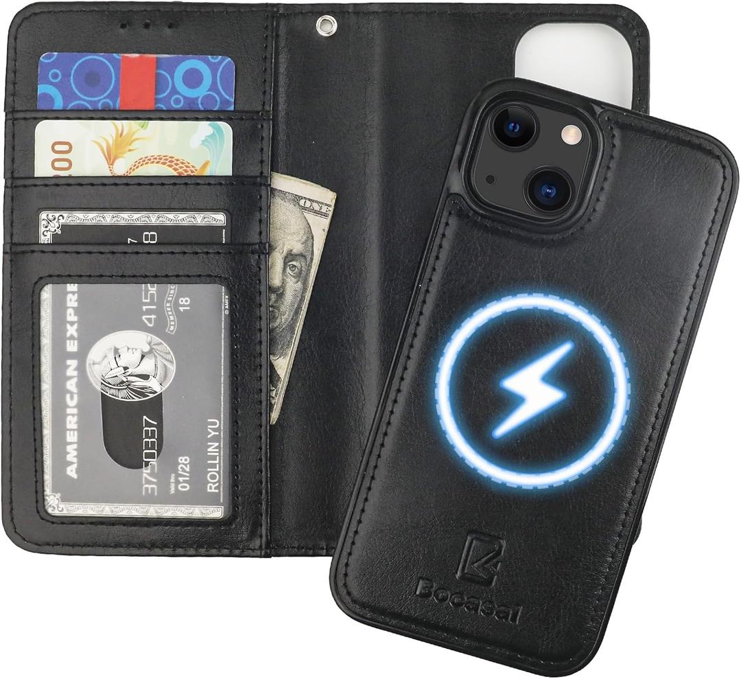 Bocasal for iPhone 13 Wallet Case Compatible with MagSafe Wireless Charging, RFID Blocking Magnetic Leather Case with Card Slots Holder Kickstand Detachable Wrist Strap 6.1 Inch (Black)