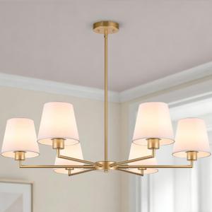 Brass Gold Chandeliers for Dining Room, 36" 6 Light No Assembly Required Antique Modern Gold Chandelier Light Fixture with White Fabric Shade, Classic Kitchen Pendant Lights over Table for Bedroom