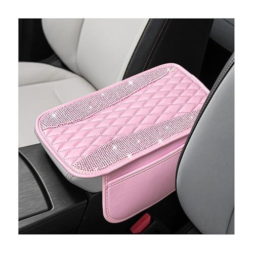 Fkewp Bling Car Center Console Cover, Sparkling Leather Armrest Cushion Pad with 2 Storage Pockets, Comfortable Shiny Middle Console Cover for Most Vehicles, Car Accessories (Pink)