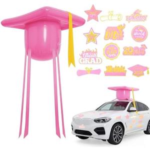 Teyva Daily Graduation Car Decorations Kit for Class of 2026 Large Inflatable PVC 20 Inch Graduation Cap and 18 Pcs Grad Magnet Sticker for 2026 Grad Prom Party Golf Cart Decor(Pink)