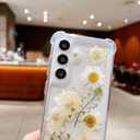Compatible with Samsung Galaxy S24 Case Cute Pressed Dried Real Flowers Design Women Girly Shockproof Gliter Floral Clear Phone Cover for Galaxy S24 (White Flower)