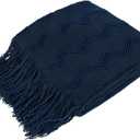 PAVILIA Navy Blue Knit Throw Blanket for Couch Bed, Soft Knitted Farmhouse Sofa Throw for Living Room, Lightweight Decorative Summer Throw Blanket for Chair, Outdoor Textured Boho Blanket, 50x60
